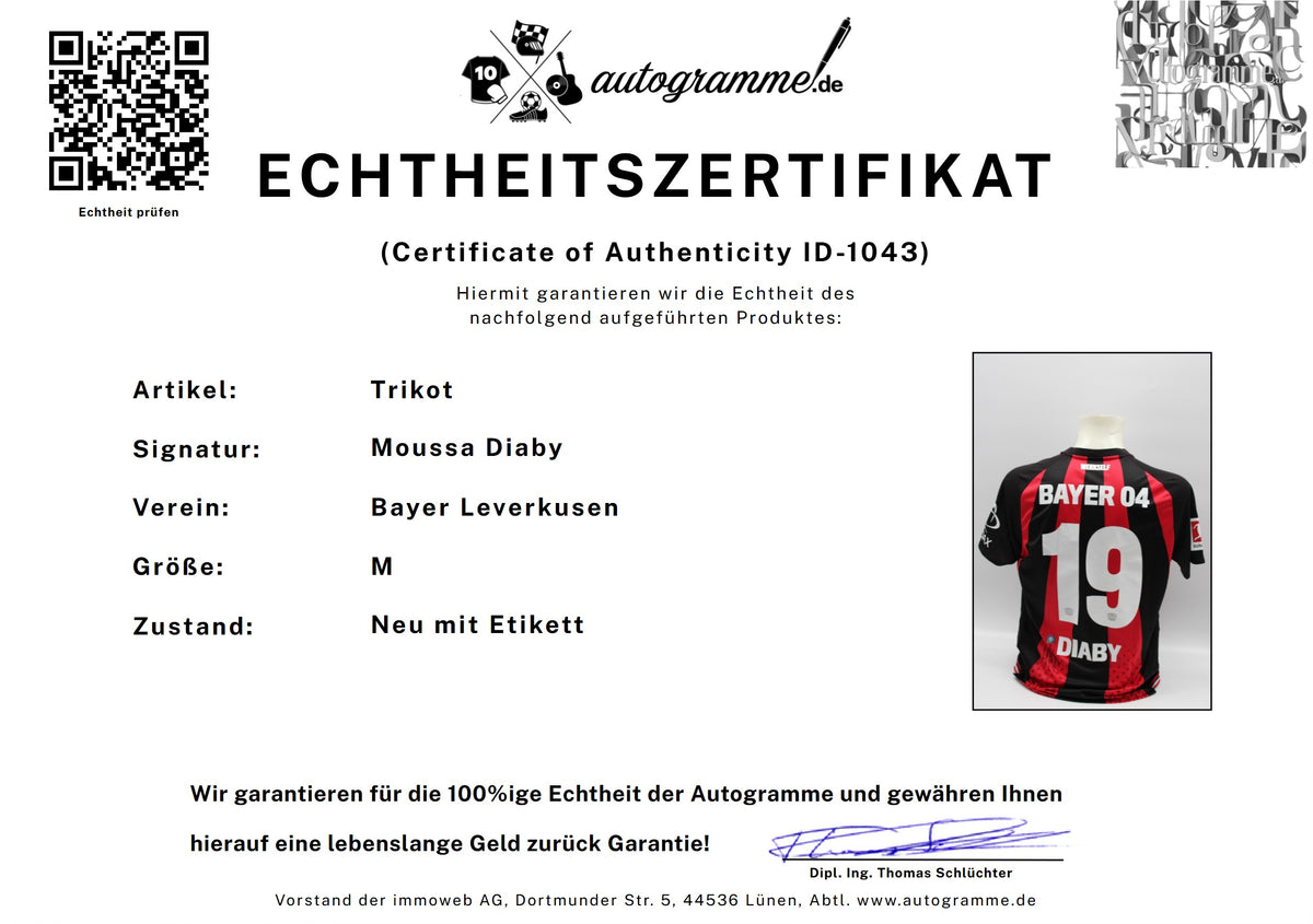 Bayer Leverkusen 2026/2027 Trikot Moussa Diaby signiert Autogramm zertifiziert M