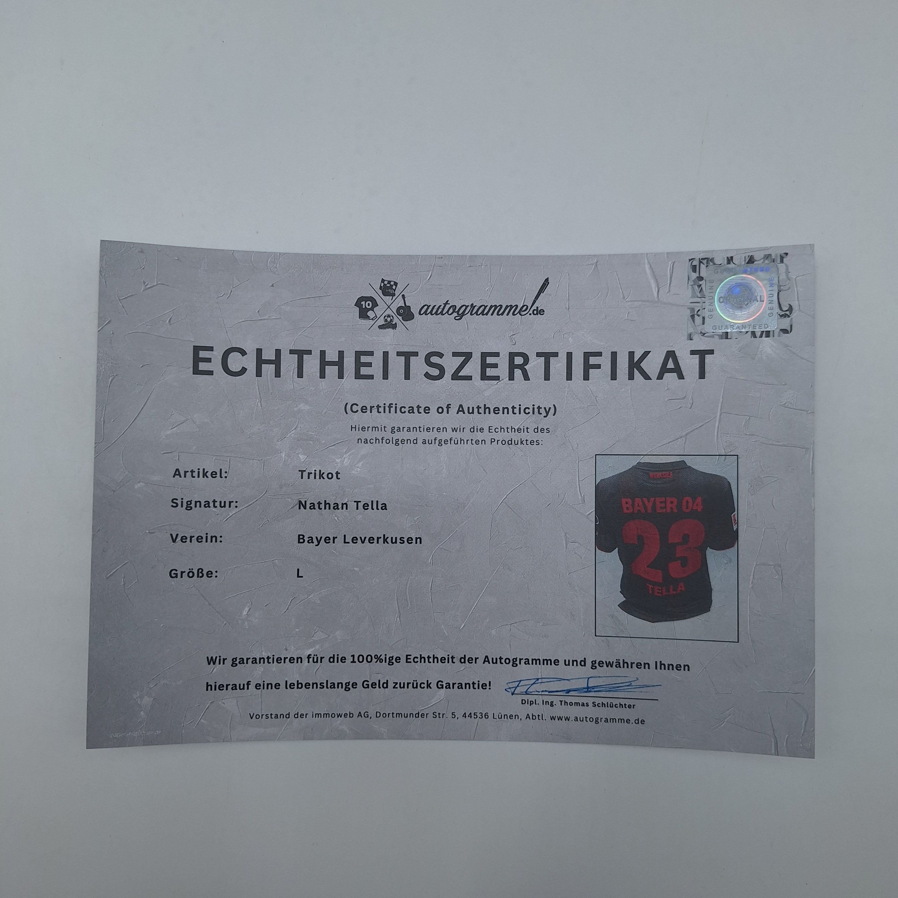 Bayer Leverkusen Trikot Nathan Tella signiert New Balance COA Autogramm L