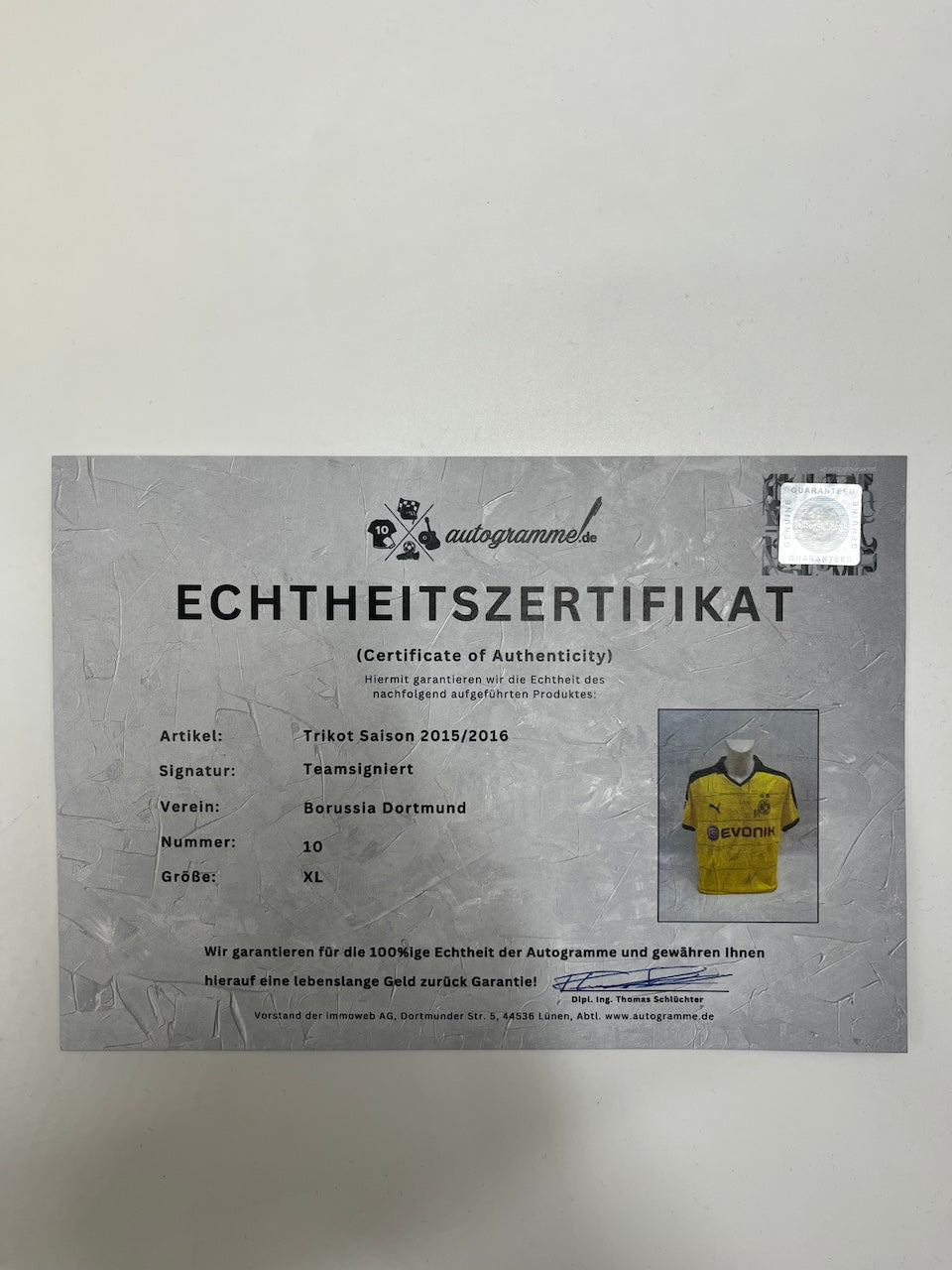 BVB Authentic-Trikot 2015/2016 Teamsigniert Borussia Dortmund COA Puma XL