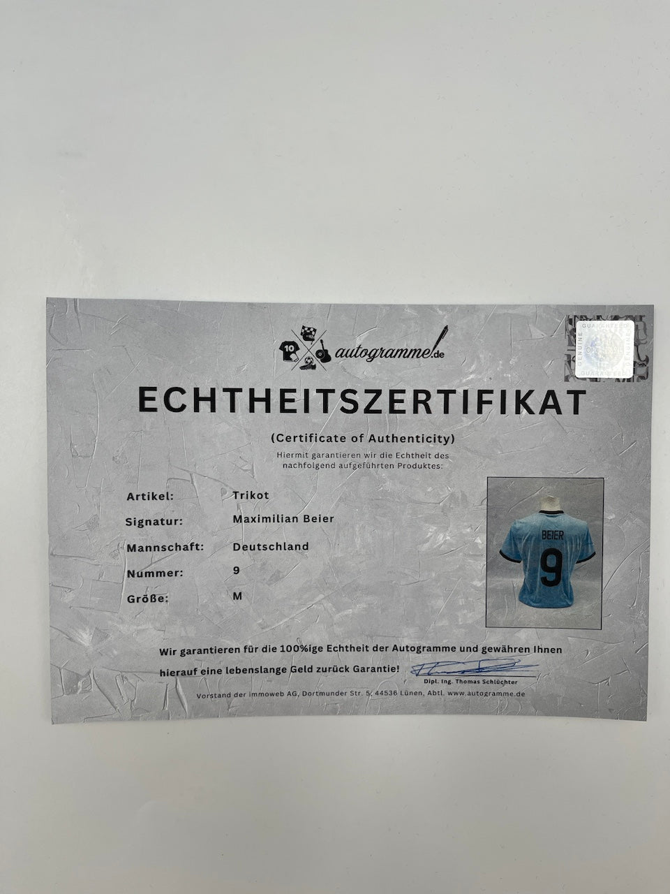 Camiseta de la DFB firmada por Maximilian Beier, con certificado de autenticidad de Adidas, nueva, talla M.