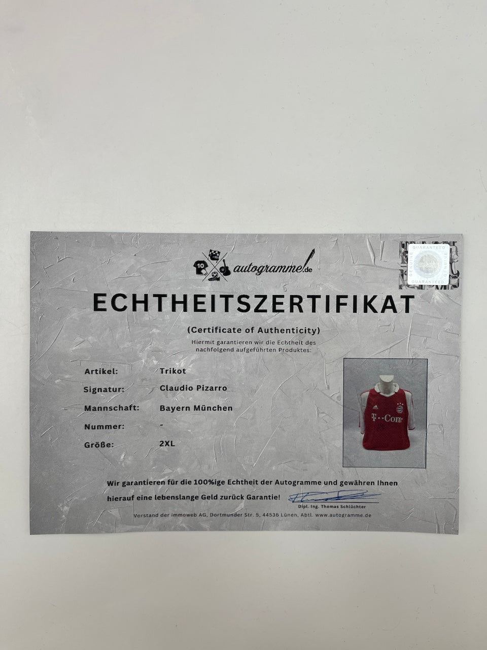 Camiseta del Bayern de Múnich con autógrafo de Claudio Pizarro, certificado de autenticidad de Adidas, talla 2XL