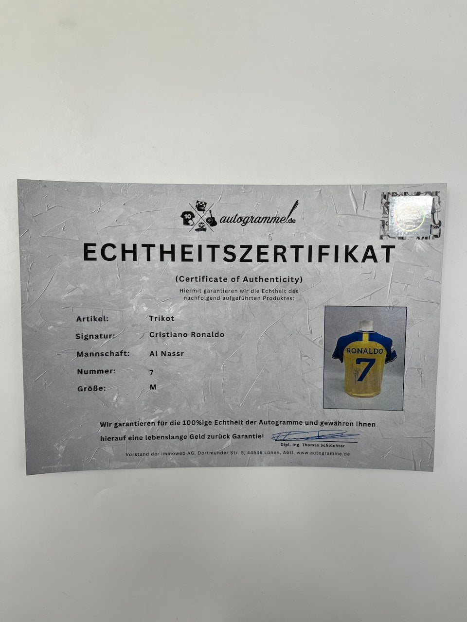 Al Nassr FC jersey signed by Cristiano Ronaldo, autograph COA M