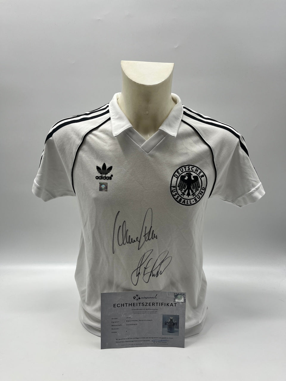 DFB Repro Trikot Klaus Fischer & Horst Hrubesch signiert Adidas COA S