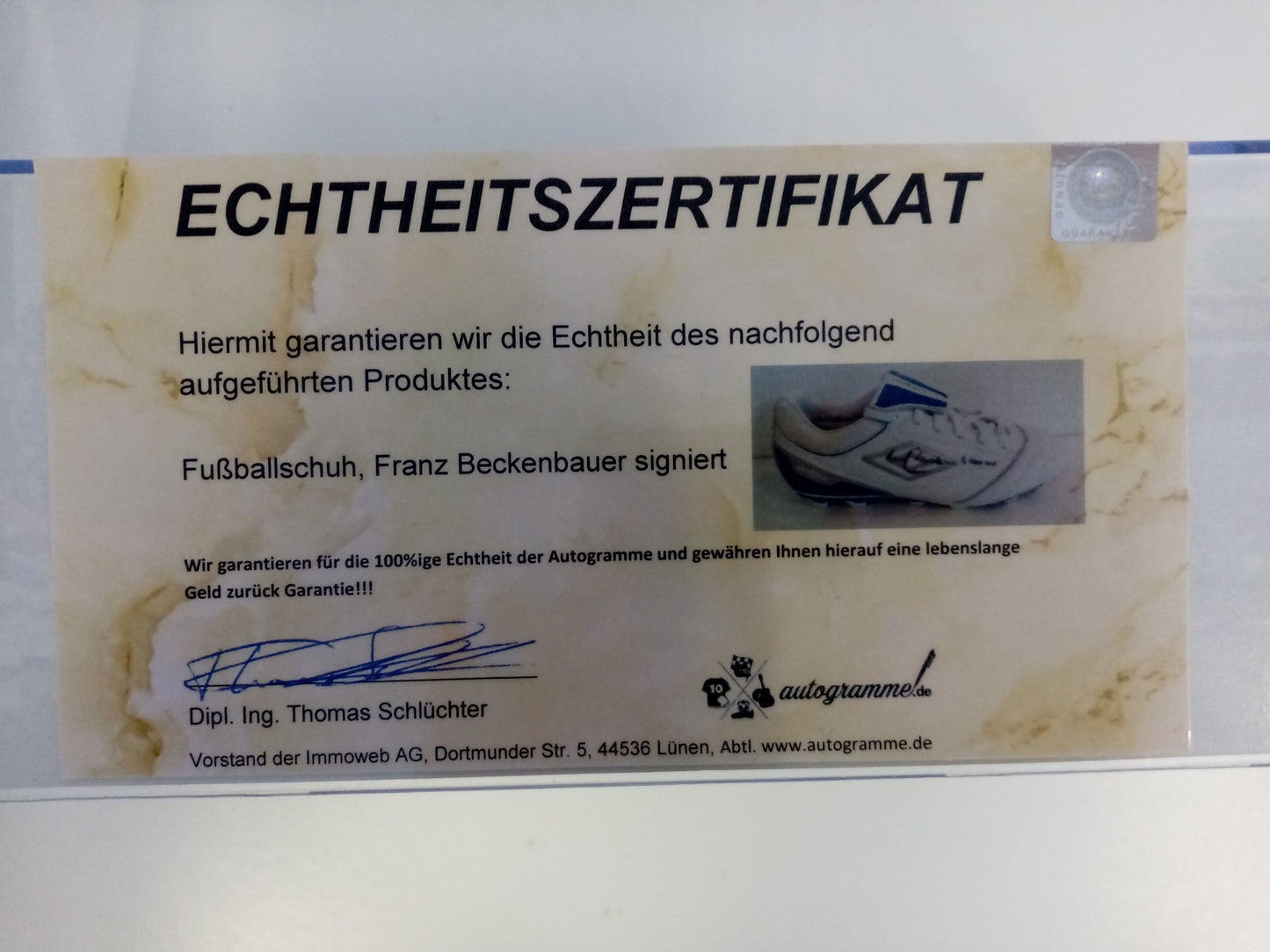 Football shoe Franz Beckenbauer signed autograph signature Umbro Coa