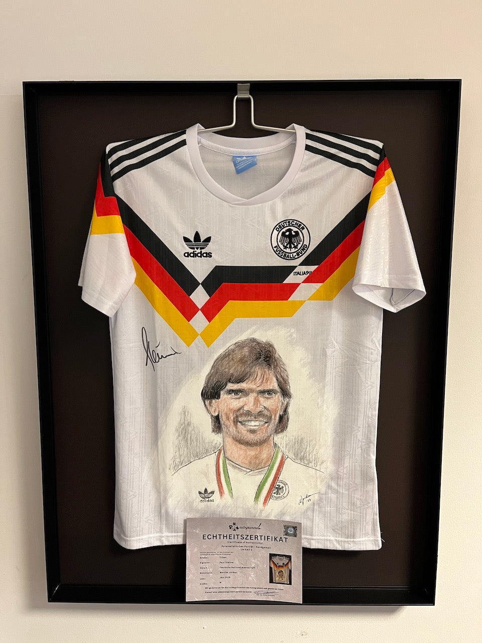 DFB jersey portrait Paul Steiner world champion in 1990 and signed in the context of Adidas M