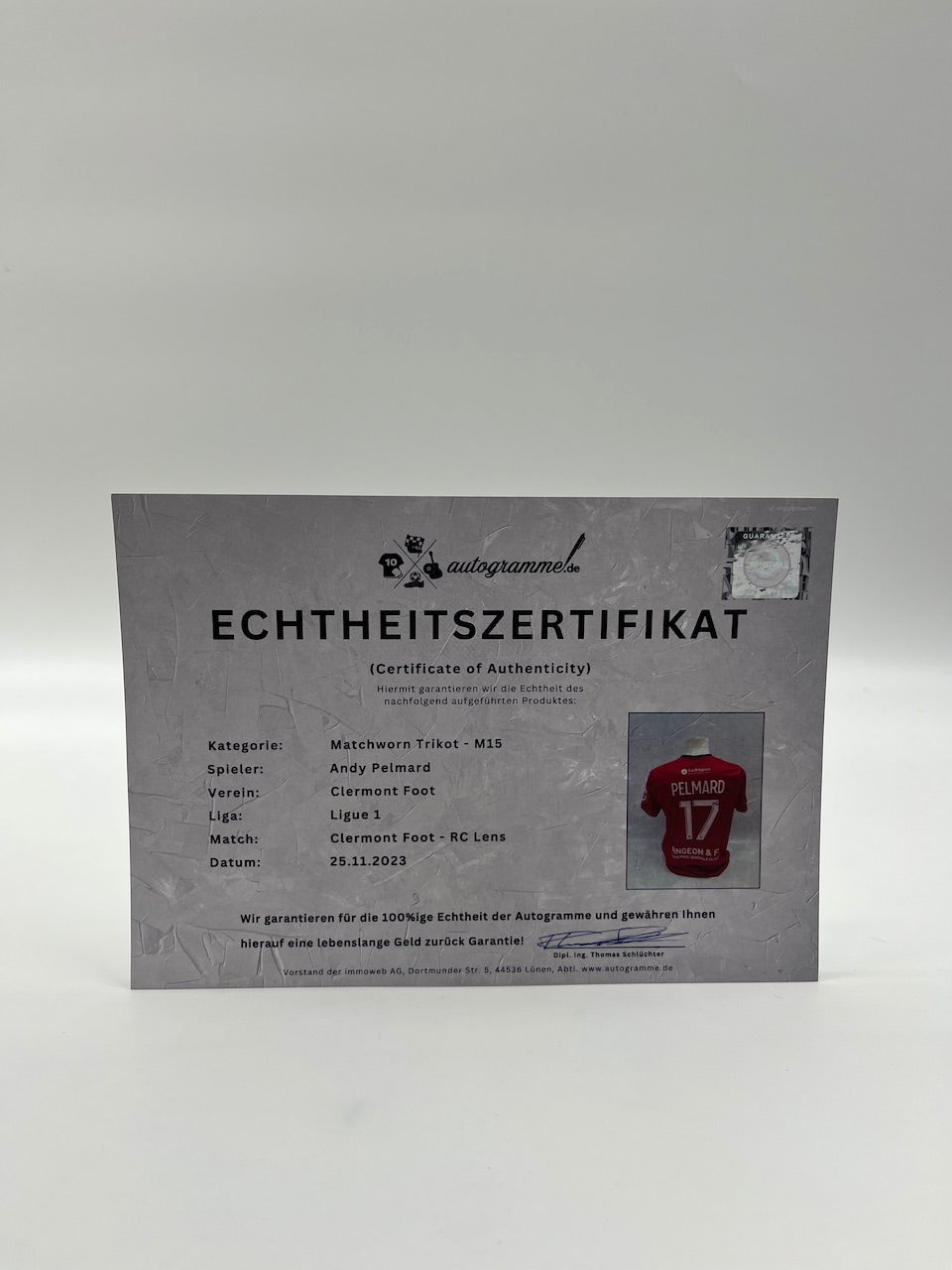 Matchworn Clermont Foot Trikot worn & signed by Andy Pelmard 25.11.2023