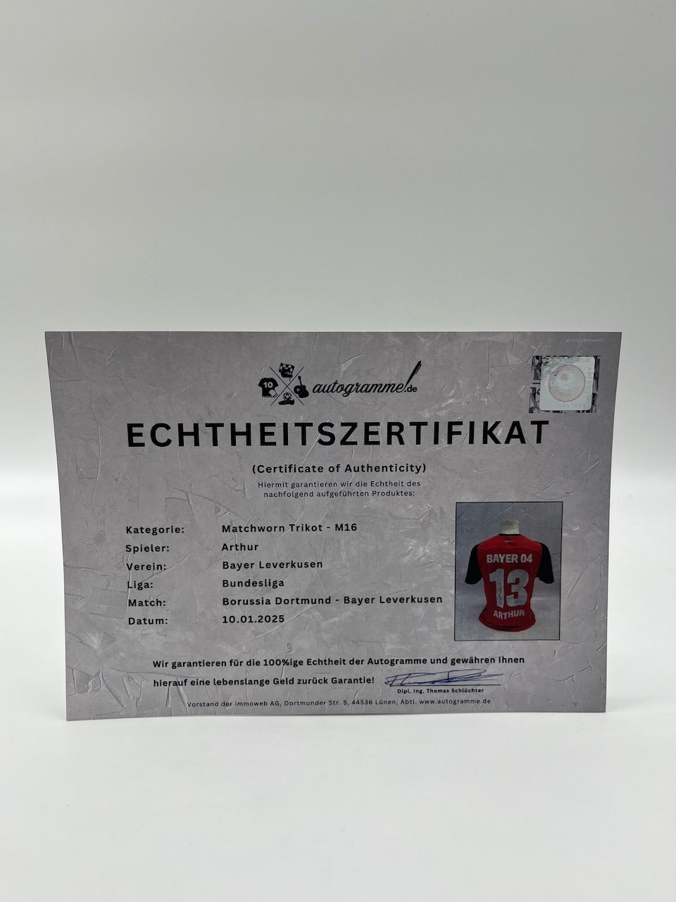 Matchworn leverkusen jersey worn & signed by Arthur 10.01.2025
