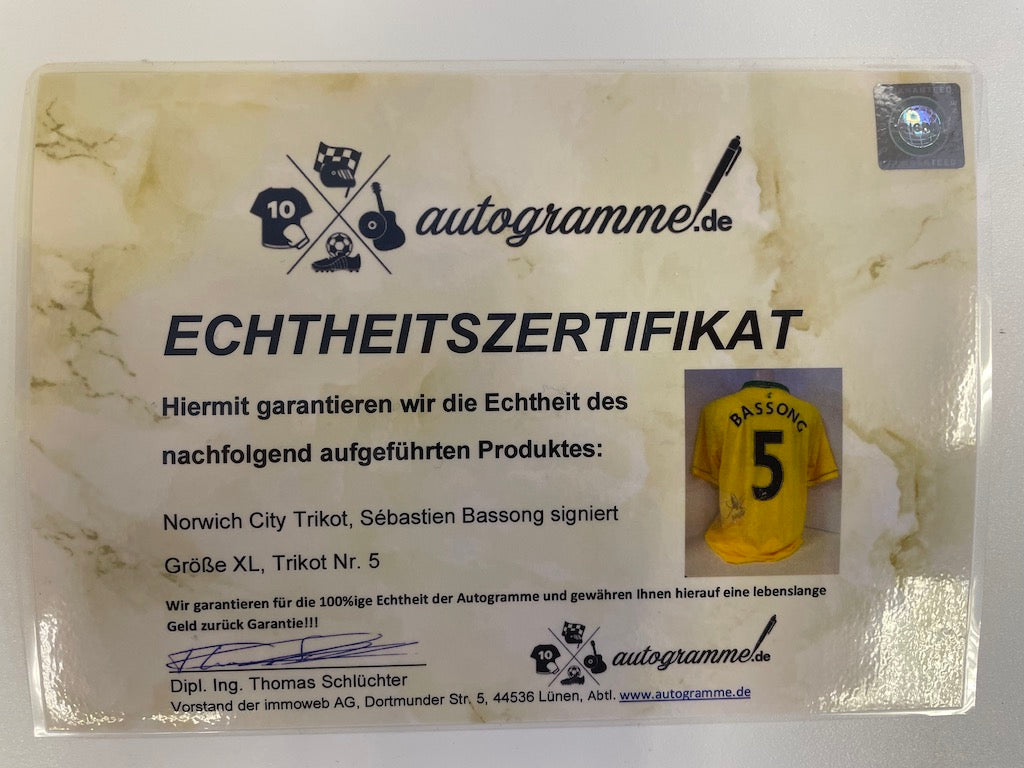 Norwich City Trikot Sebastien Bassong signed autograph soccer england errea XL