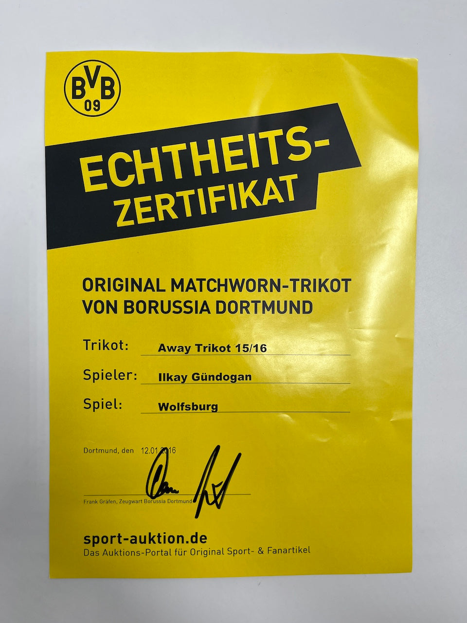 Matchworn Dortmund Trikot getragen von Ilkay Gündogan 05.12.2015 Wolfsburg-BVB