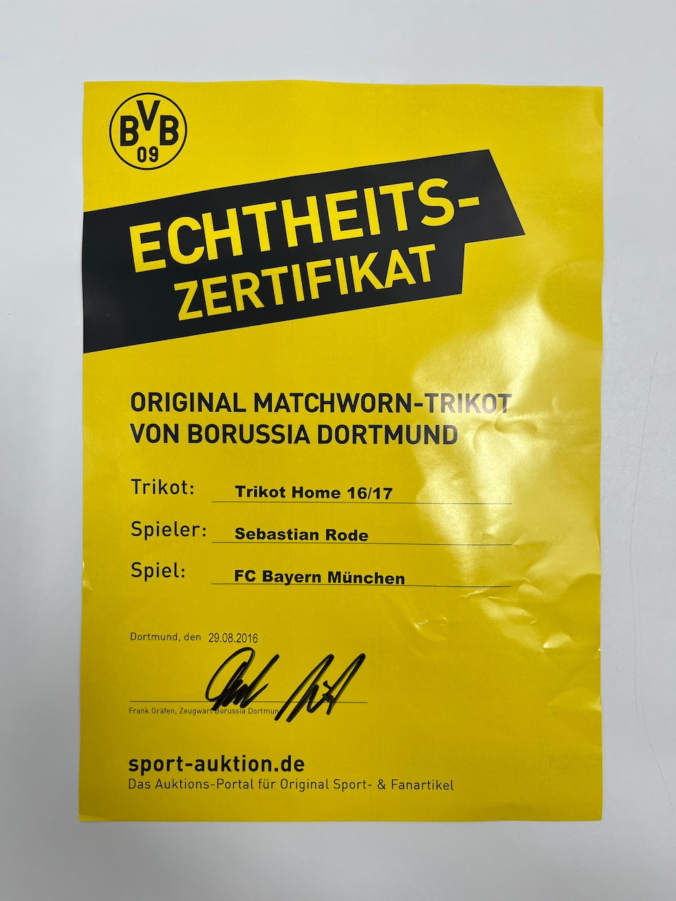 Matchworn Dortmund jersey worn by Sebastian Rode 14.08.2016 BVB-FCB