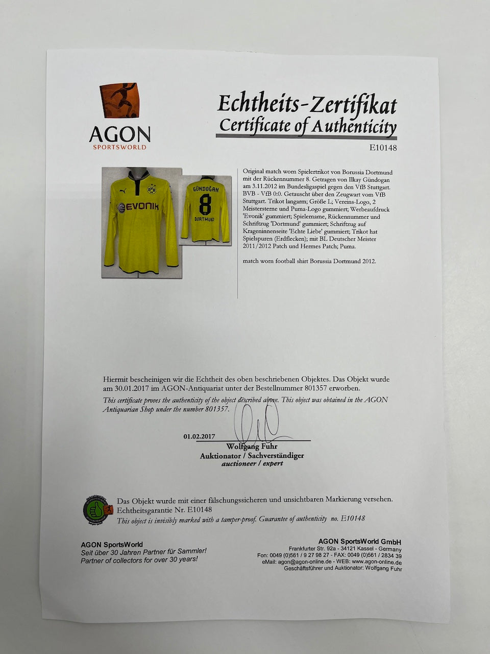 Matchworn Dortmund jersey worn by Ilkay Gündogan 03.11.2012 BVB-VfB