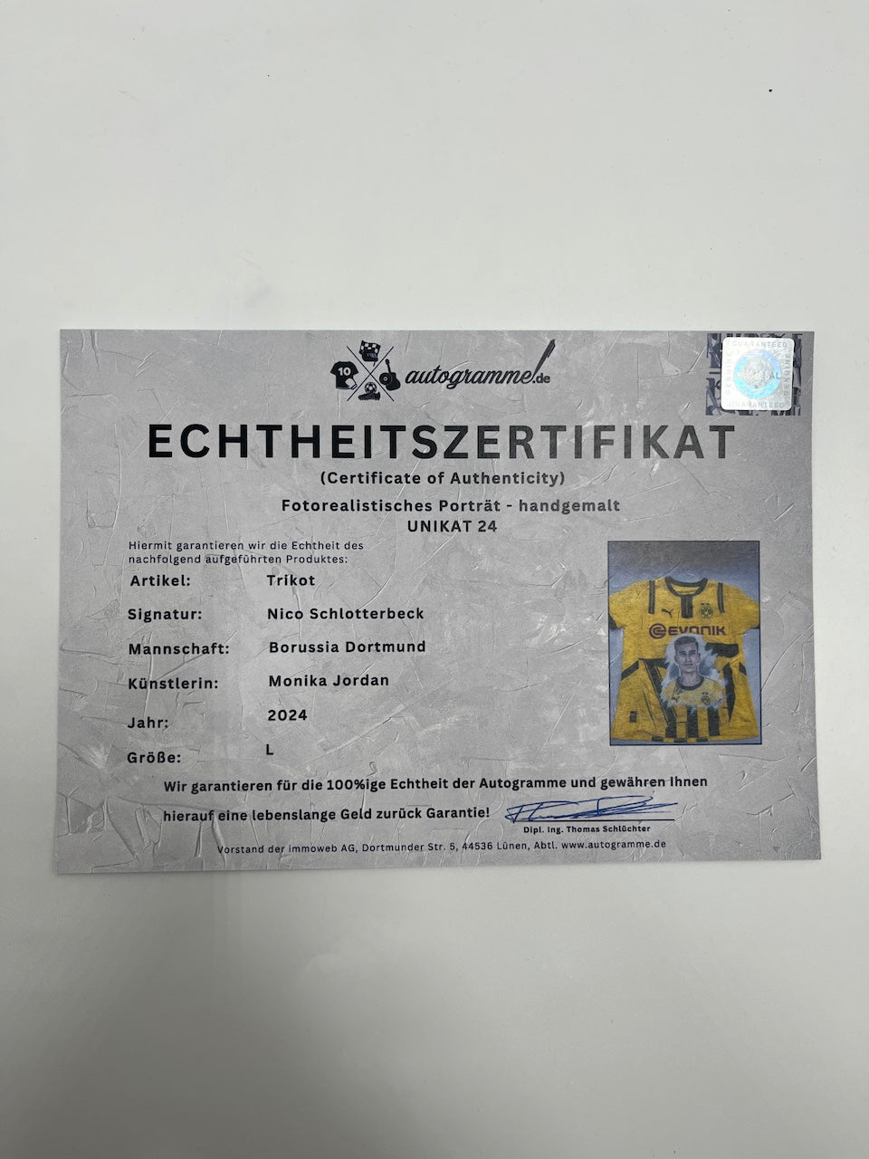 Borussia Dortmund Trikot Portrait Nico Schlotterbeck handgemalt und signiert BVB