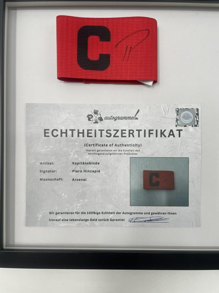 Captain's armband signed by Piero Hincapié in a frame, Bayer 04 Leverkusen autograph