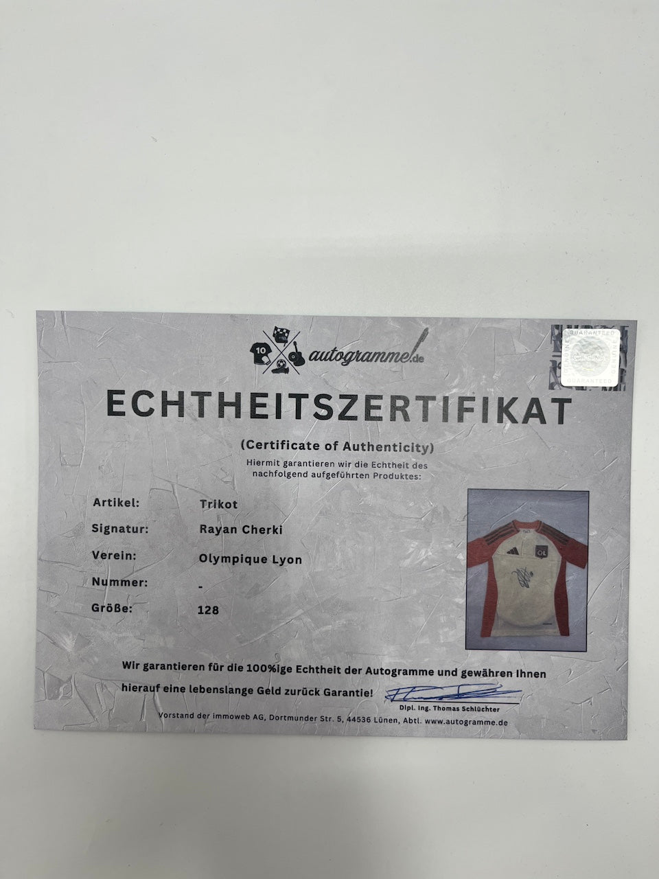 Olympique Lyon Trikot Rayan Cherki signed in Coa Adidas Football 128 as part of COA Adidas