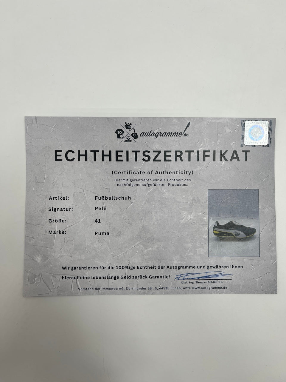 Fußballschuh Pele signiert Vitrine Brasilien Weltmeister Puma Selecao COA