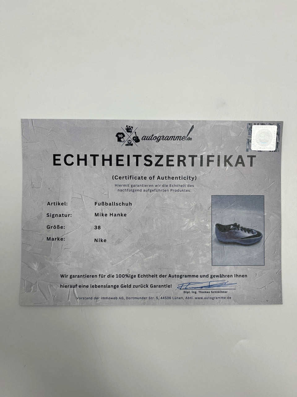 Fußballschuh Mike Hanke signiert Fußball Bundesliga Nike 38