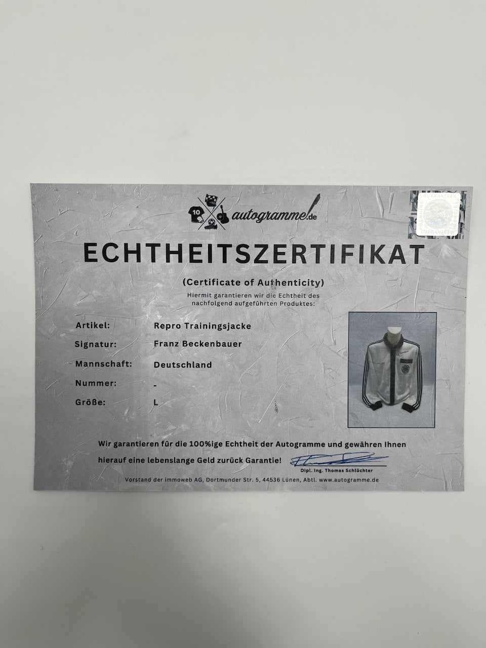 DFB Repro Trainingsjacke Franz Beckenbauer signiert Autogramm Adidas COA L