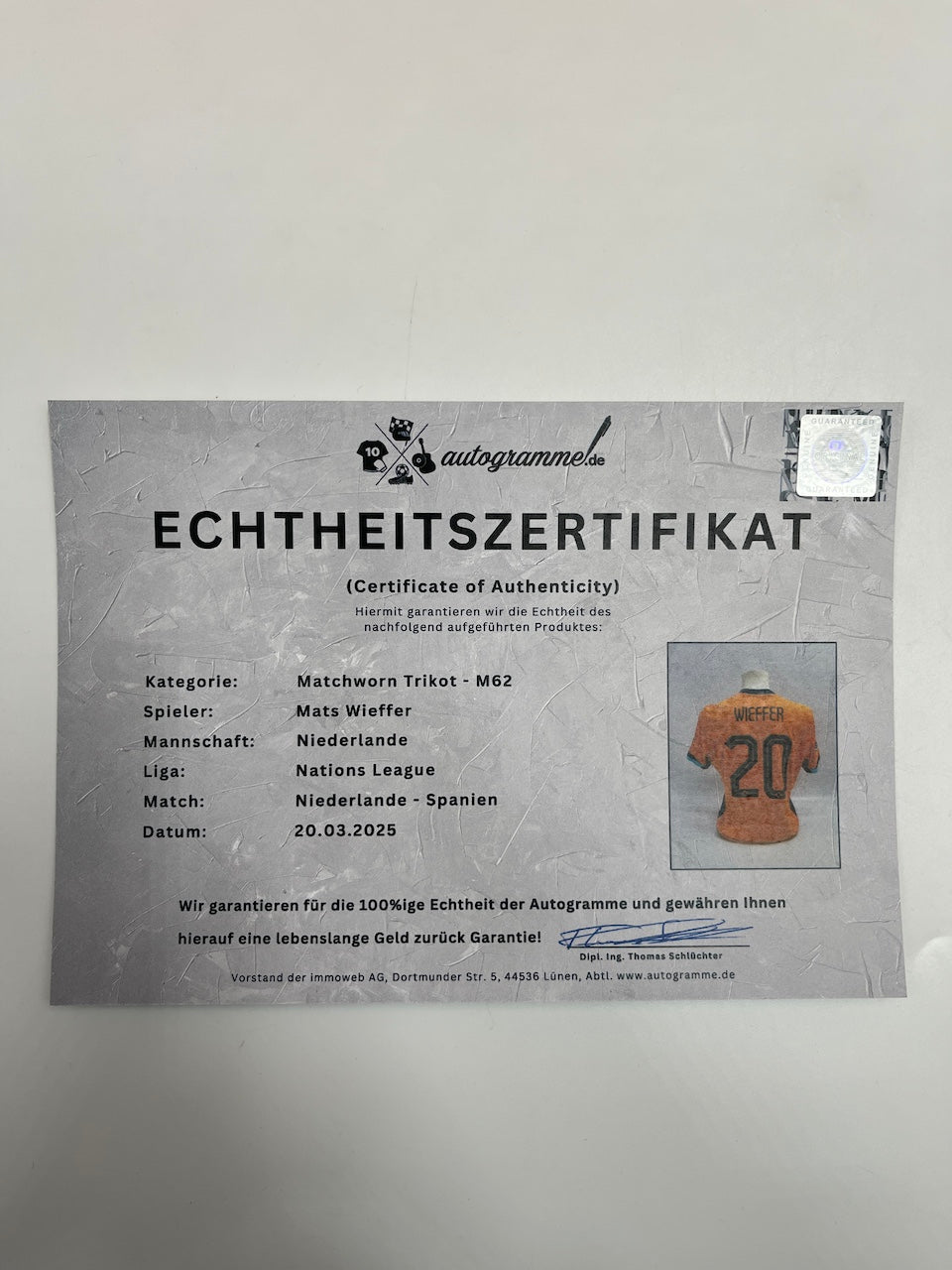 Matchworn Niederlande Trikot getragen & signiert von Mats Wieffer 20.03.2025