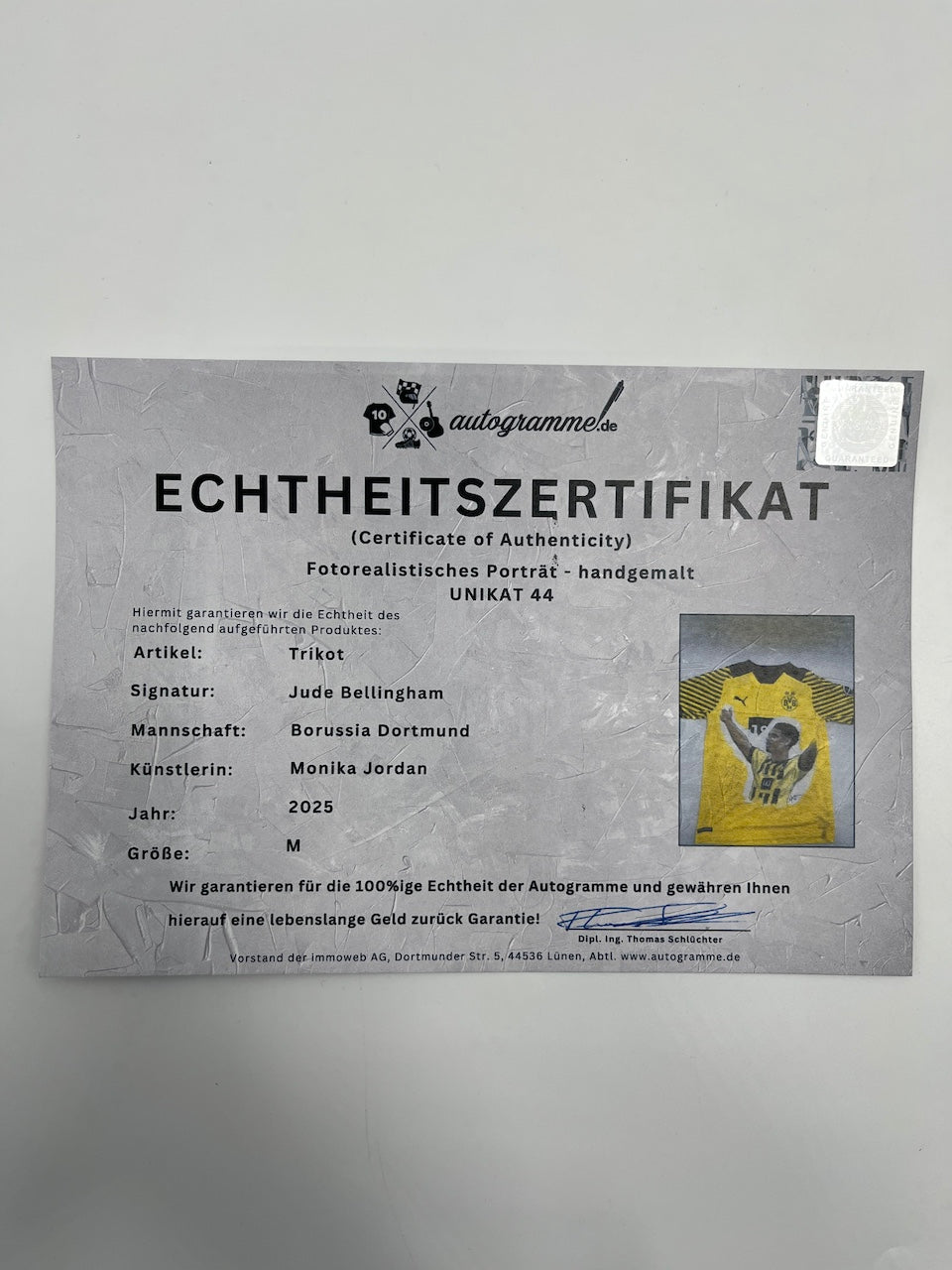 Borussia Dortmund Trikot Portrait Jude Bellingham handgemalt und signiert Puma