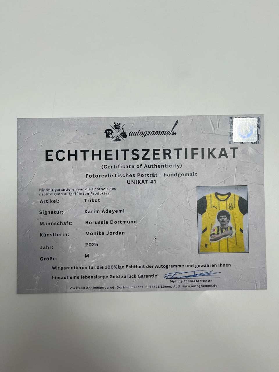 Borussia Dortmund Trikot Portrait Karim Adeyemi handgemalt und signiert Puma M