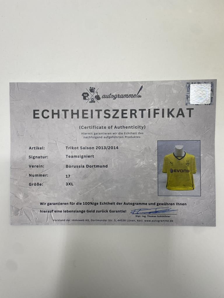 BVB Trikot 2013/2014 Teamsigniert Borussia Dortmund COA Puma 3XL