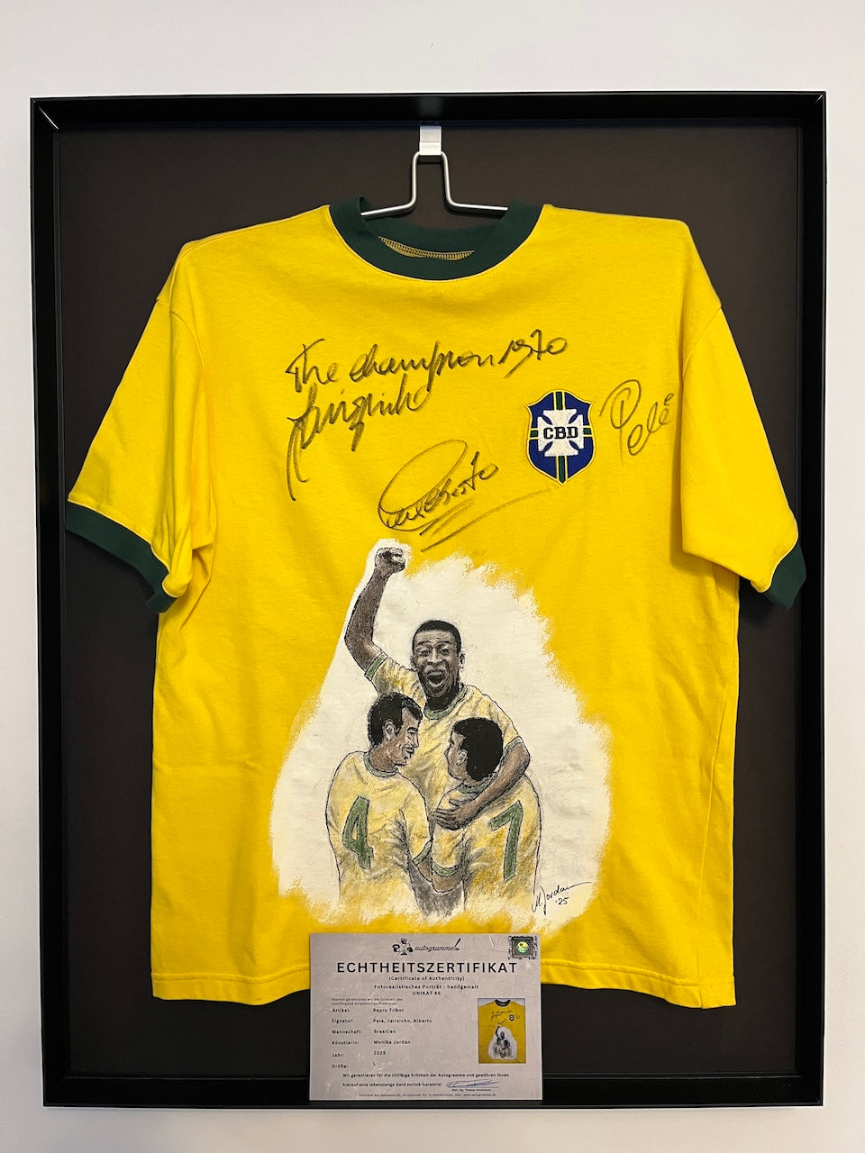 Brazil Repro Jersey Portraits of Pele, Jairzinho, and Alberto, hand-painted and signed