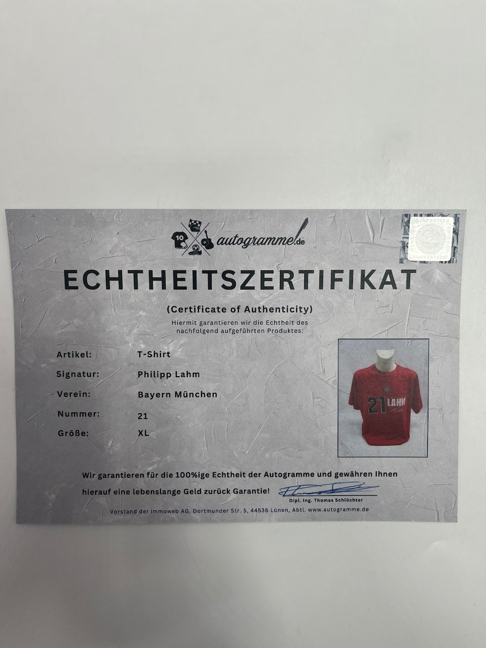 Bayern München T-Shirt Philipp Lahm signiert FCB Autogramm COA neu XL