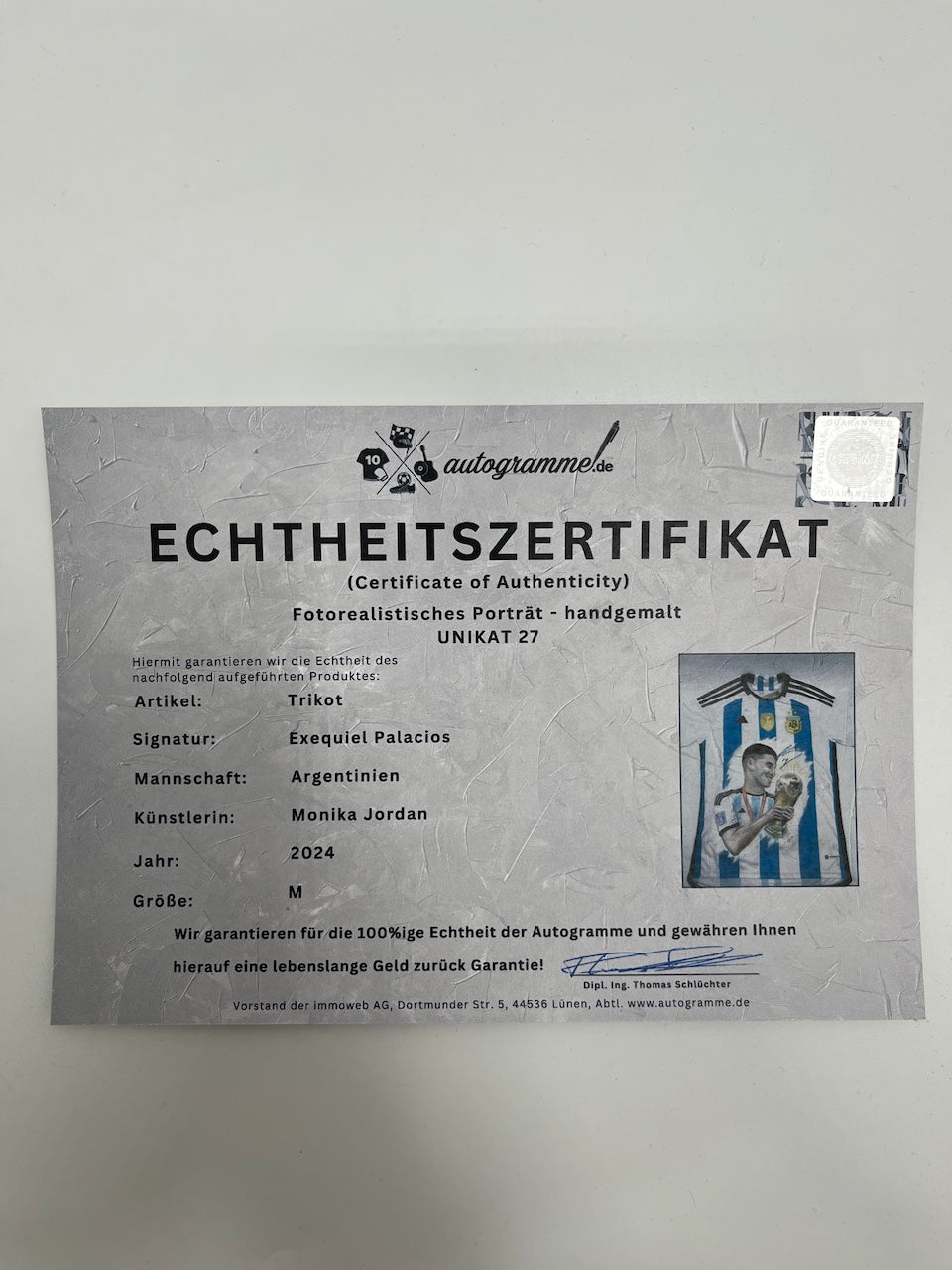 Argentinien Trikot Portrait Exequiel Palacios handgemalt und signiert M