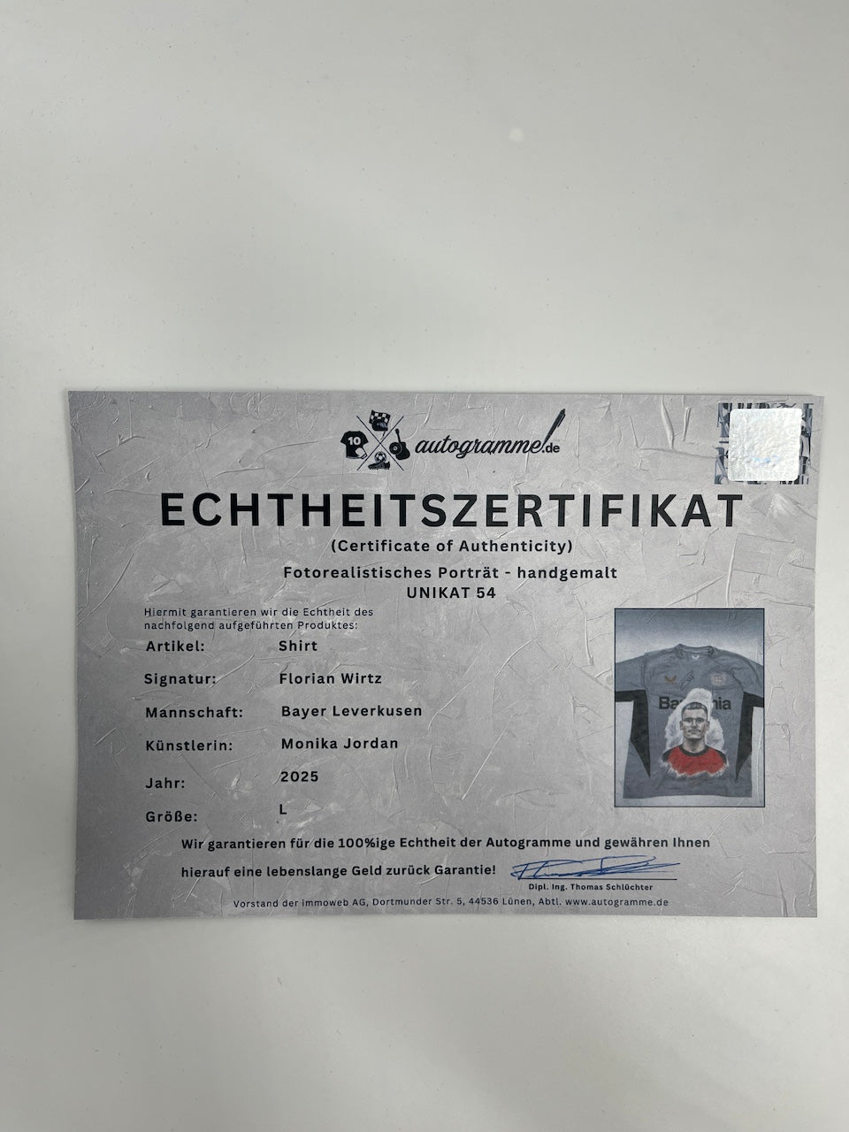 Leverkusen Shirt Portrait Florian Wirtz handgemalt und signiert Castore L
