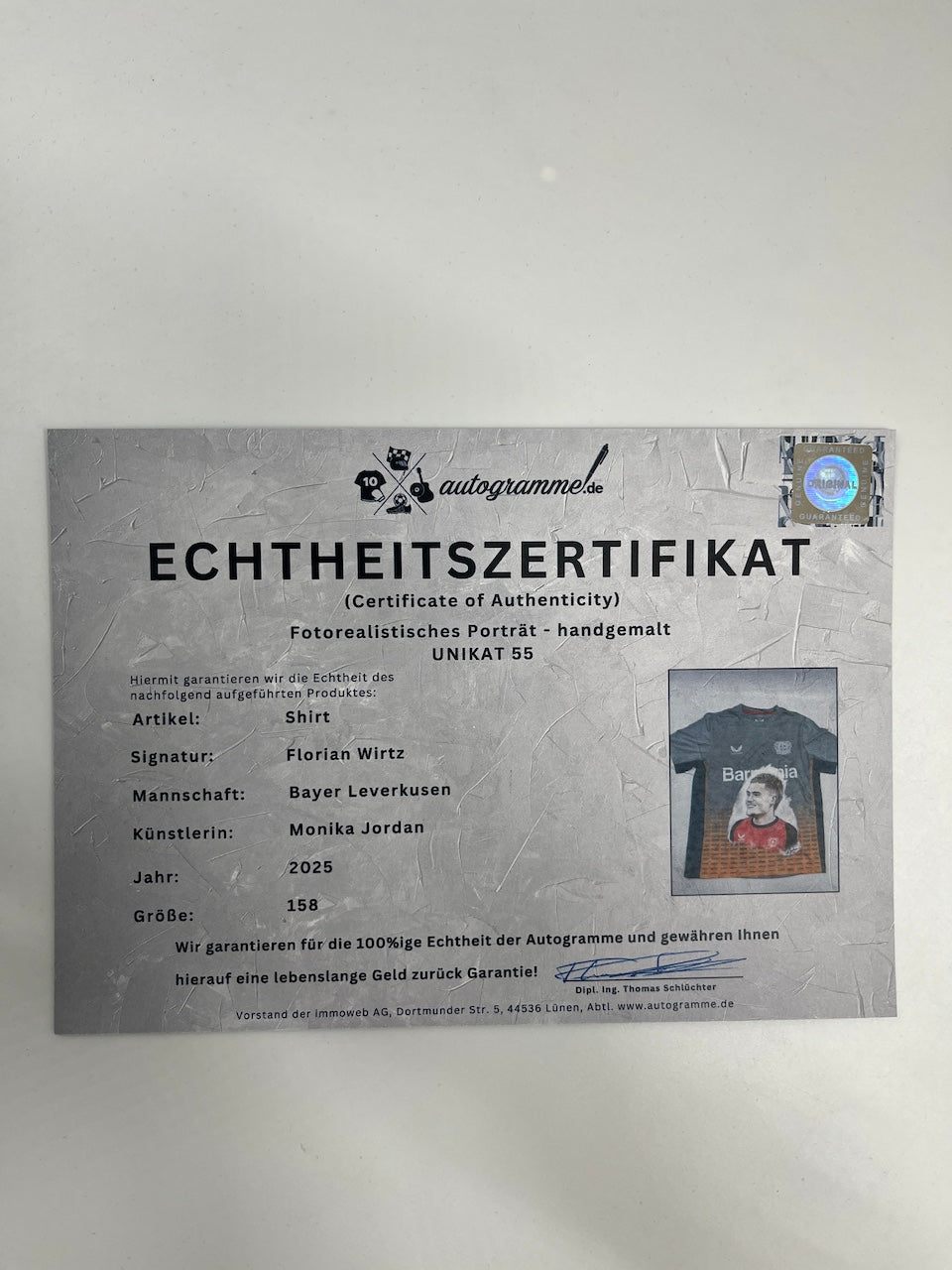 Leverkusen Shirt Portrait Florian Wirtz handgemalt und signiert Castore 158