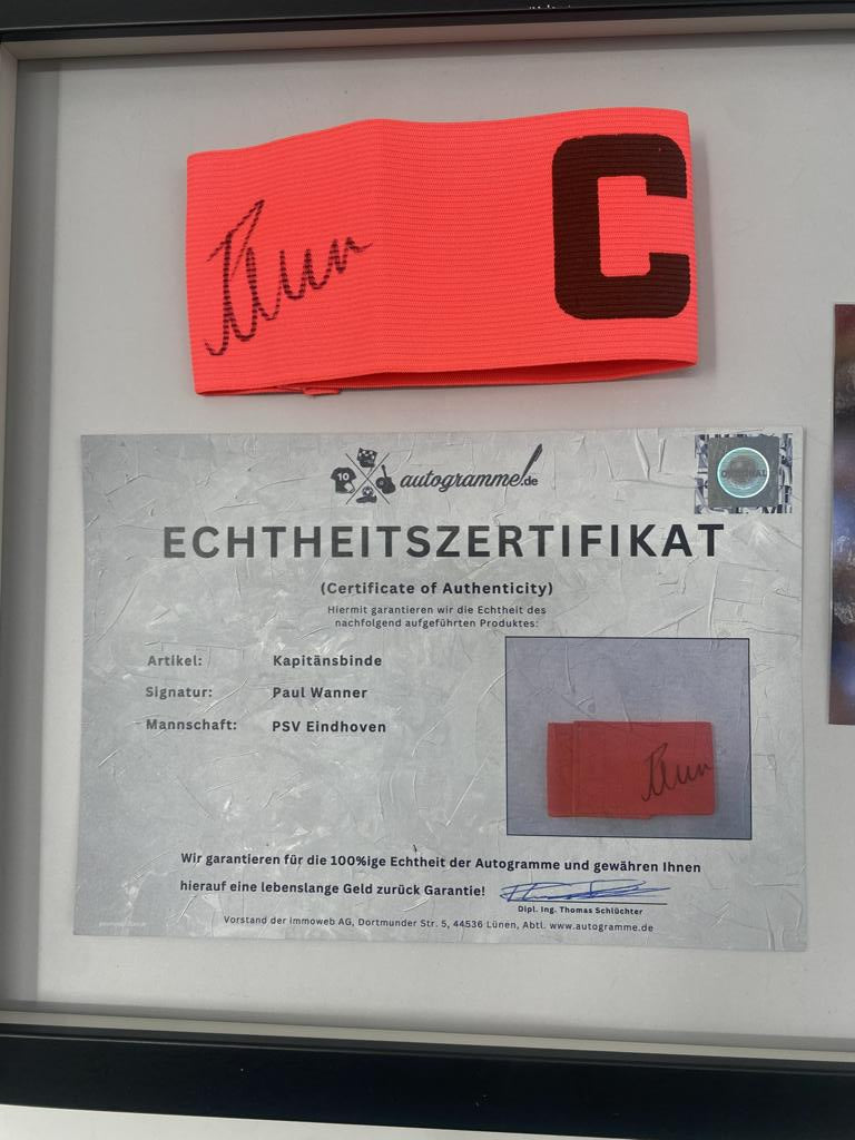 Captain's armband signed by Paul Wanner in a frame PSV Eindhoven autograph