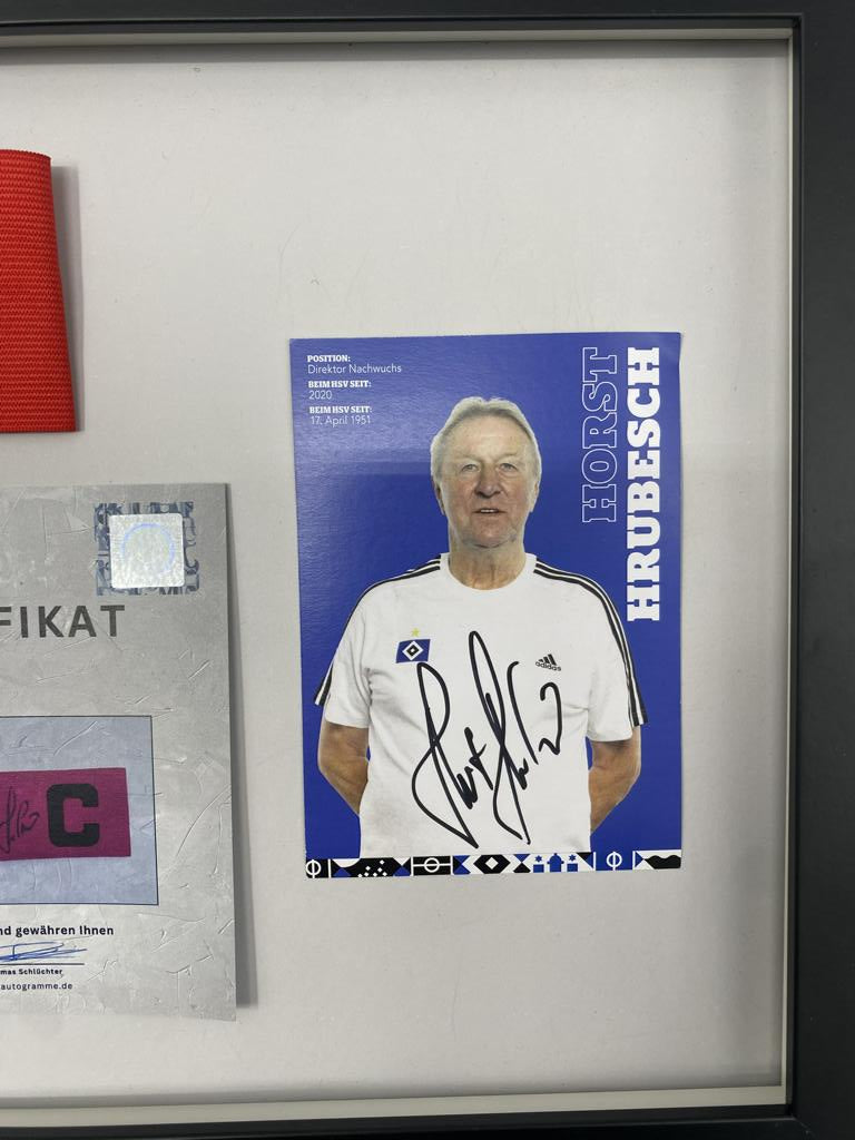 Captain's armband signed by Horst Hrubesch in a frame, Hamburger SV autograph COA