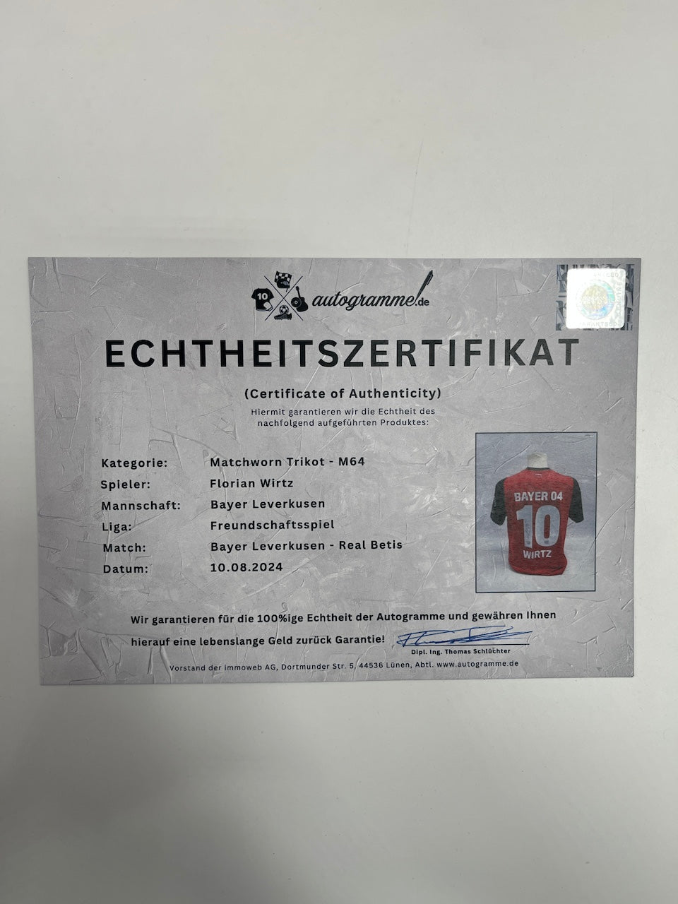 Matchworn Leverkusen Trikot getragen & signiert von Florian Wirtz 10.08.2024