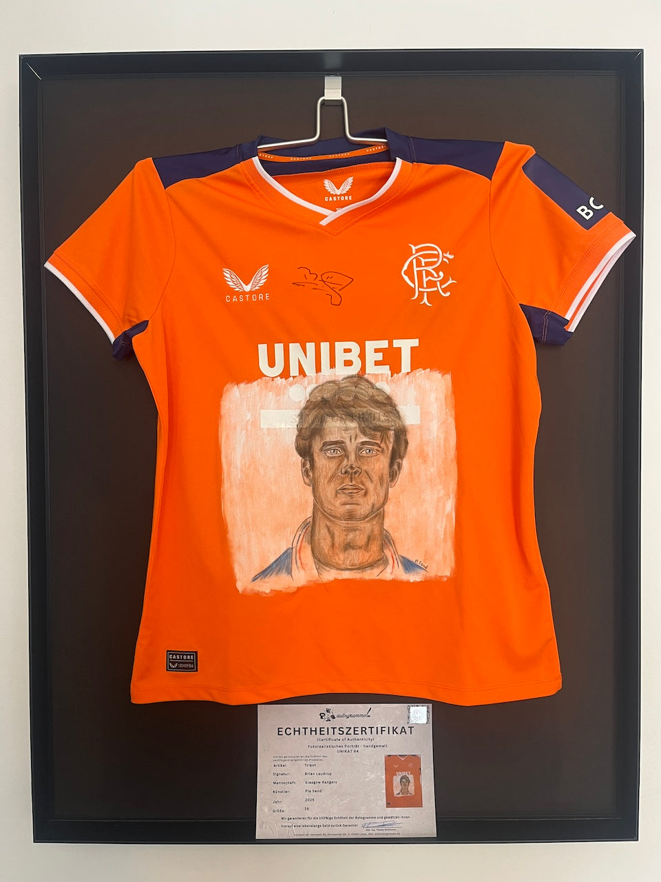 Glasgow Rangers Shirt Portrait Brian Laudrup, hand-painted and signed