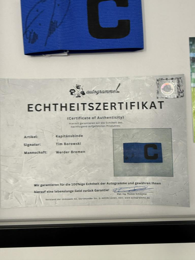 Kapitänsbinde Tim Borowski signiert im Rahmen Werder Bremen COA Fußball