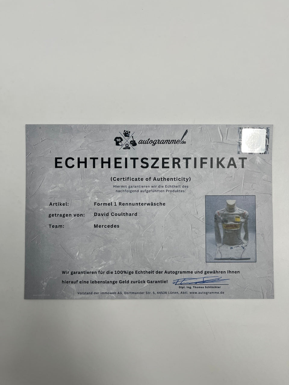 David Coulthard Formula 1 original worn racing underwear COA