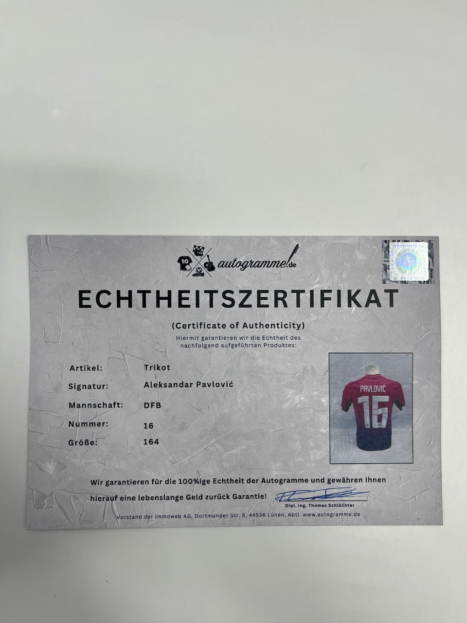 DFB jersey Aleksandar Pavlovic signed Adidas COA Germany Autograph 164