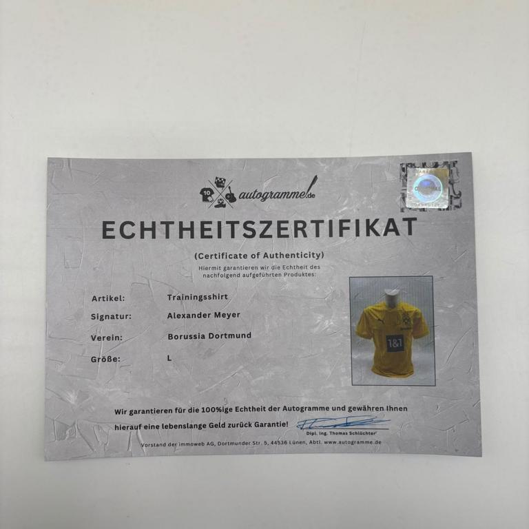 Borussia Dortmund Trainingsshirt Alexander Meyer signiert Puma COA Autogramm L