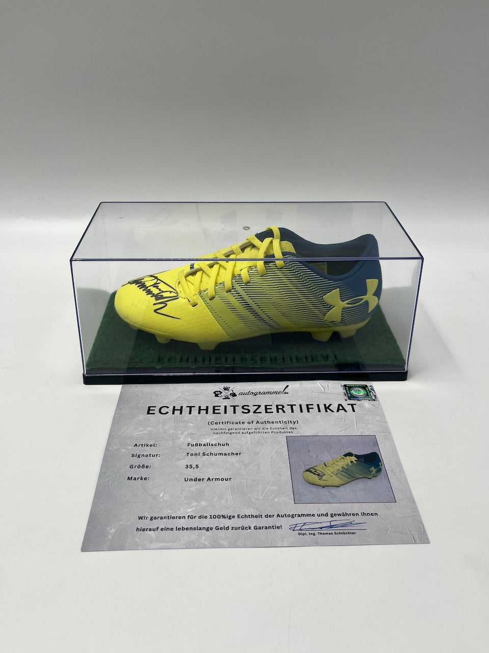 Fußballschuh Toni Schumacher signiert Fußball Autogramm Under Armour