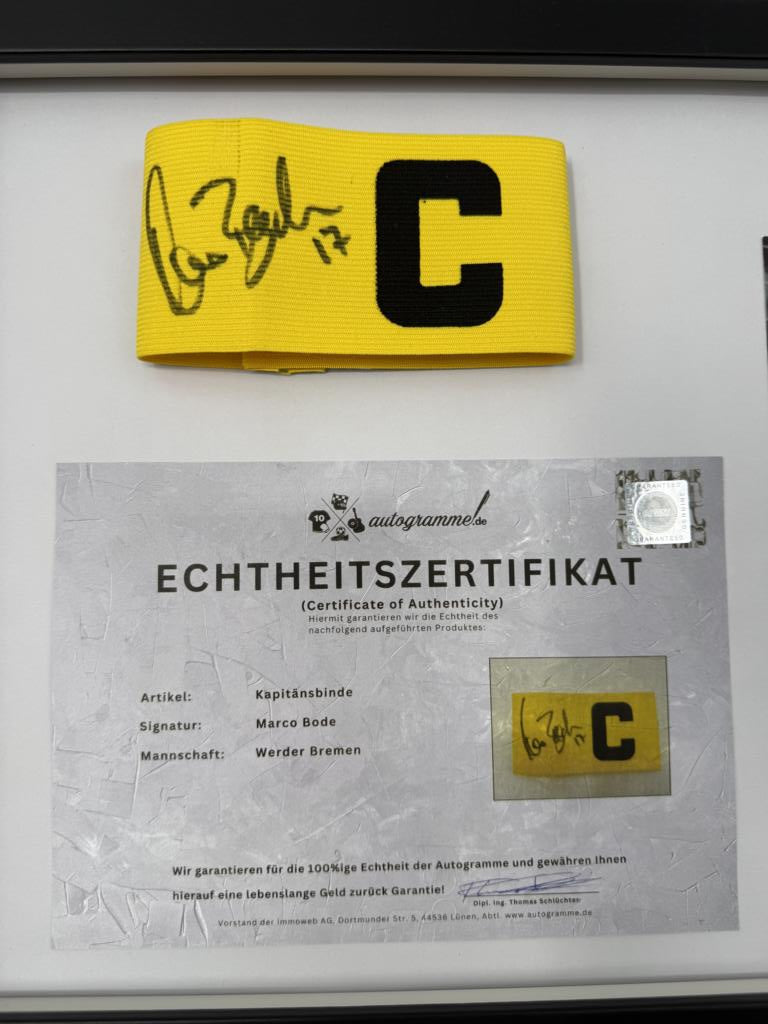 Kapitänsbinde Marco Bode signiert im Rahmen Werder Bremen COA Fußball