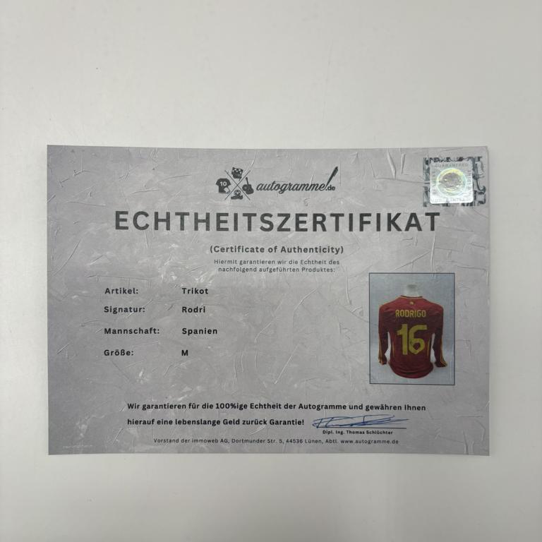 Spanien Trikot langarm Rodri signiert Adidas COA Autogramm M