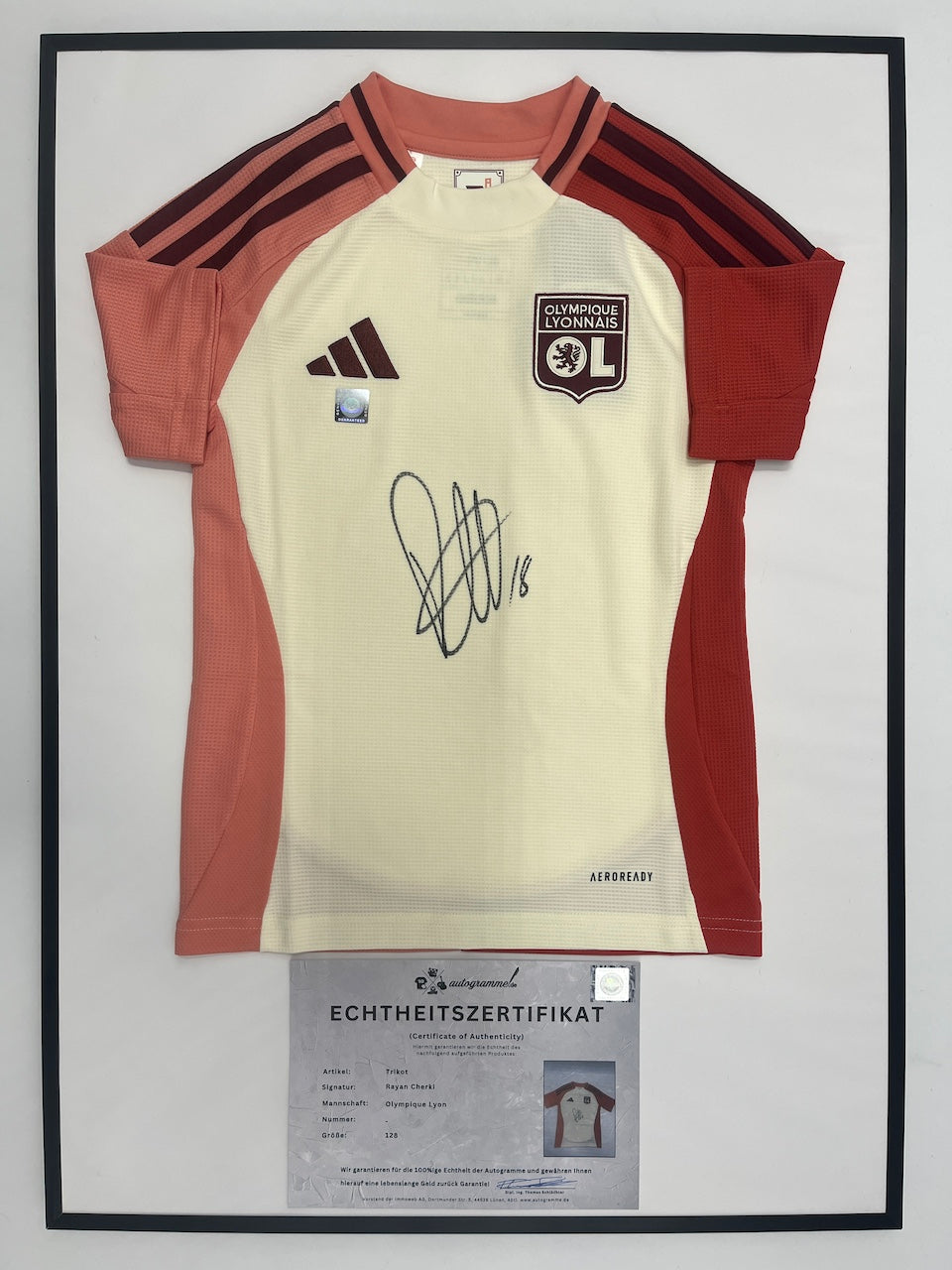 Olympique Lyon jersey signed by Rayan Cherki in Adidas COA 128 frame