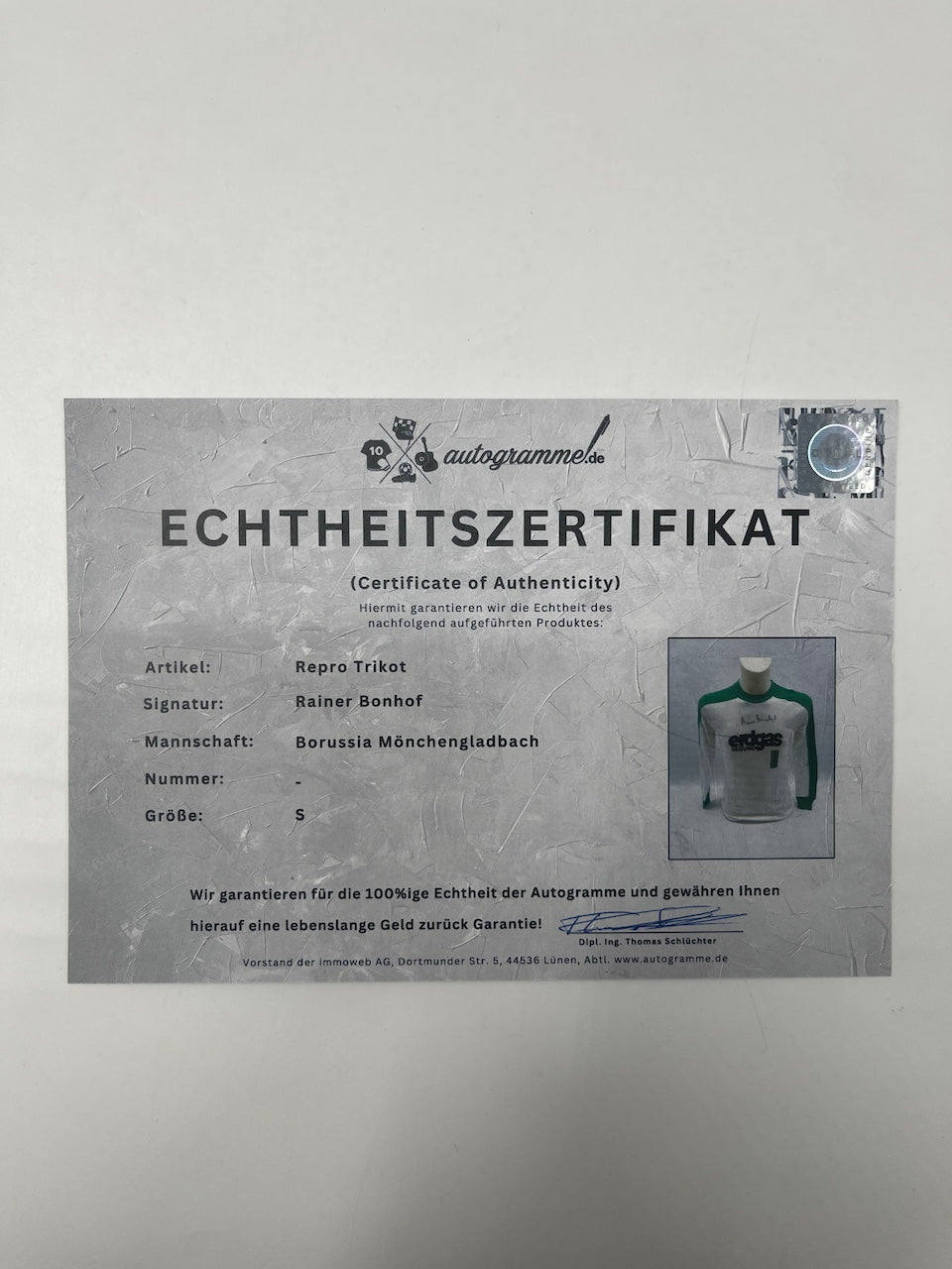 Reproduction Borussia Mönchengladbach jersey, signed by Rainer Bonhof, autograph S