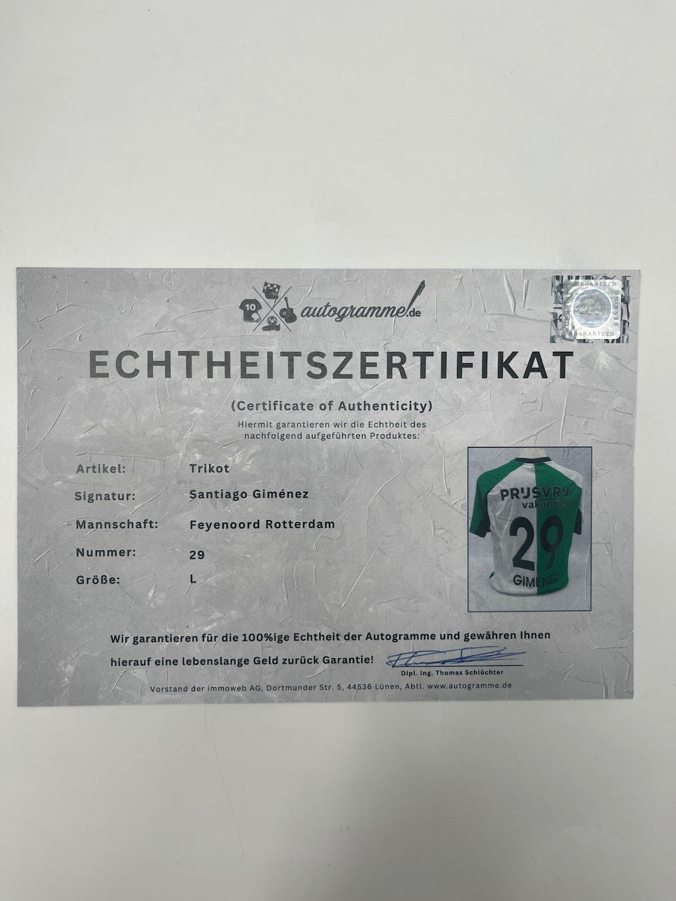 Feyenoord Rotterdam Trikot Santiago Giménez signiert Autogramm COA L