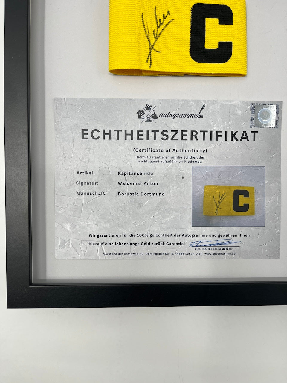 Captain's armband signed by Waldemar Anton in a new Borussia Dortmund COA (Certificate of Appointment)