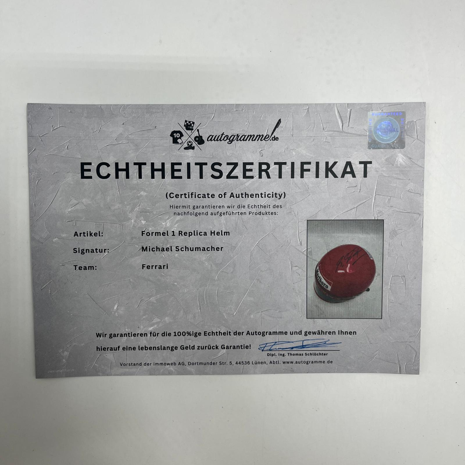 Michael Schumacher Formel 1 Helm Rot Unterschrift und Echtheitszertifikat 1:1