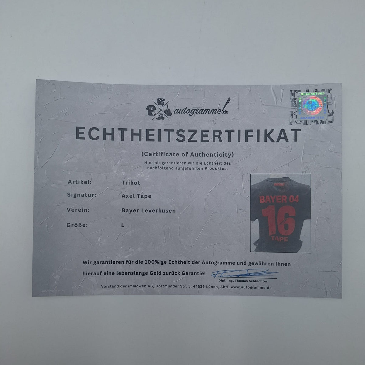 Bayer Leverkusen Trikot 2025/2026 Axel Tape signiert New Balance COA Autogramm L