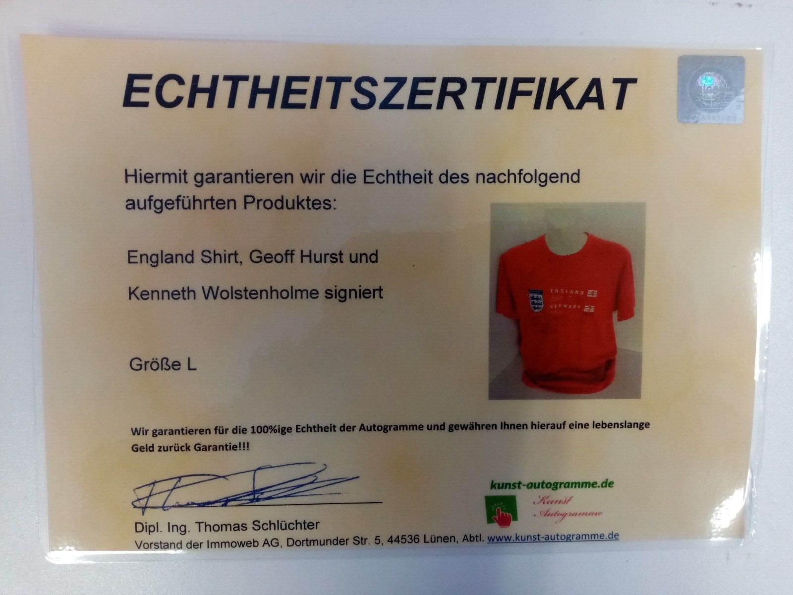 England Shirt WM 1966 Geoff Hurst + Kenneth Wolstenholme signiert Wembley COA L