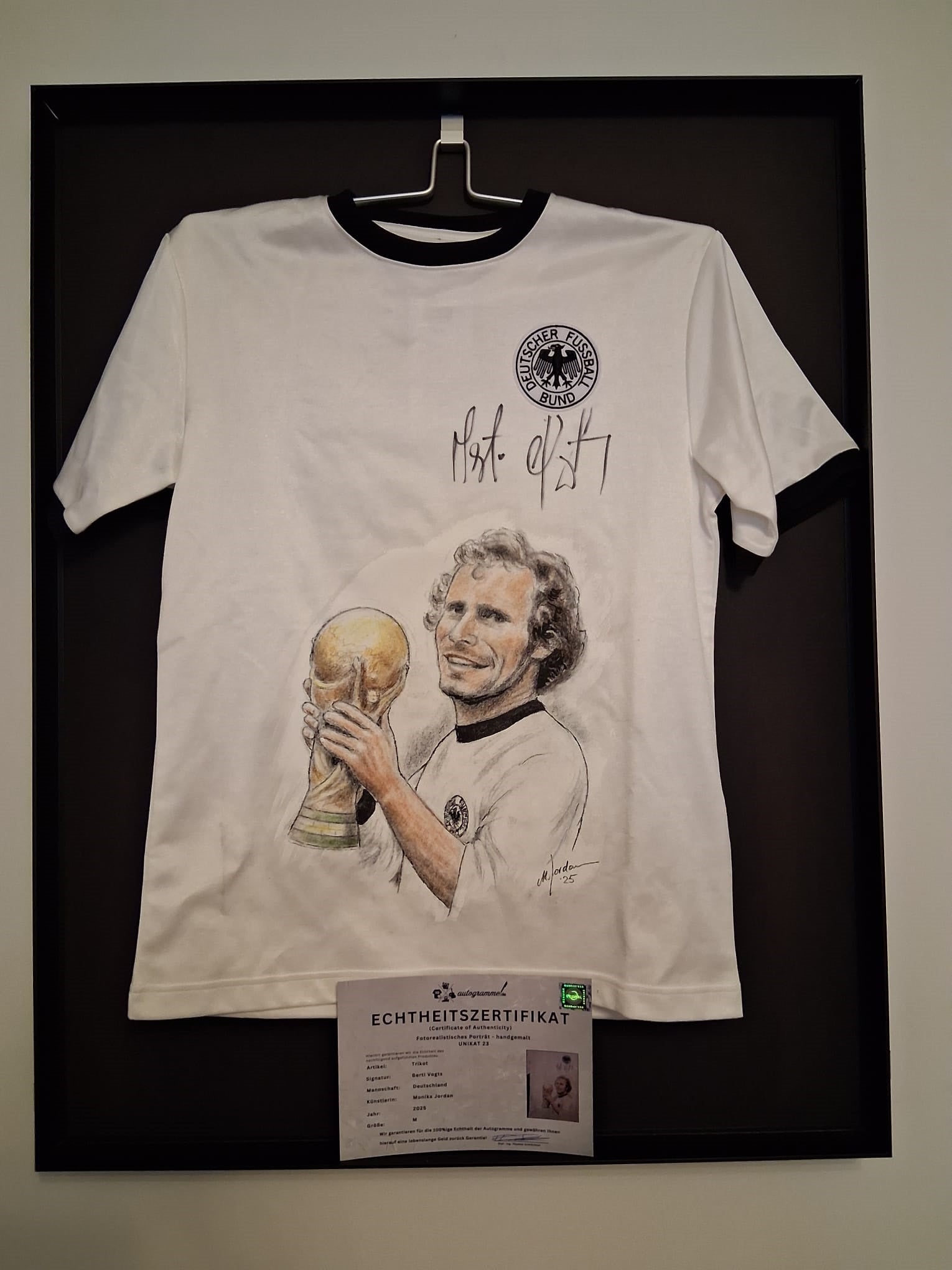 DFB jersey portrait Berti Vogts hand painted and signed in the frame M