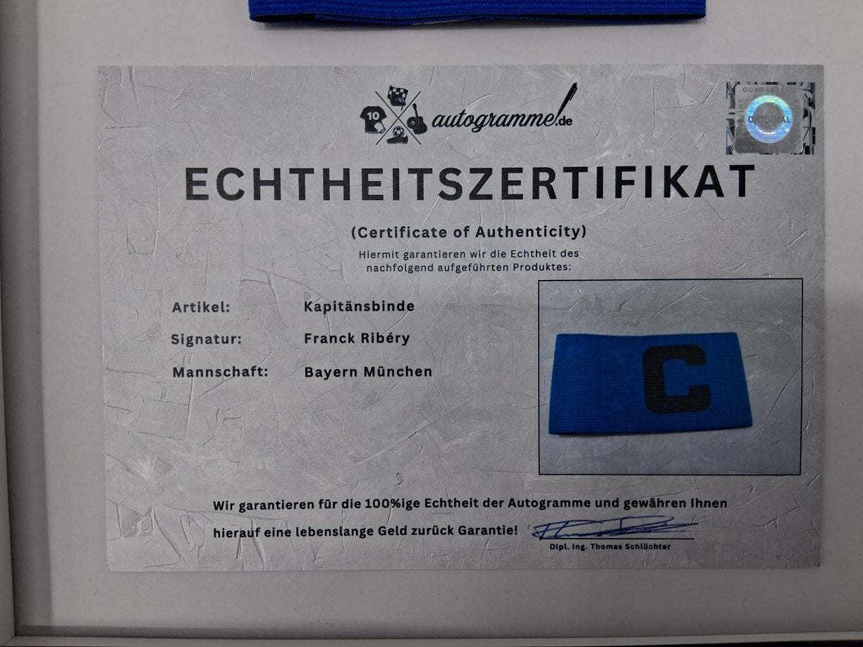 Kapitänsbinde Franck Ribéry signiert im Rahmen Bayern München Fußball Autogramm